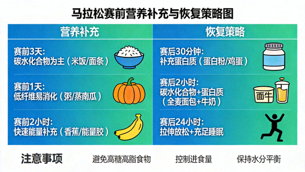 马拉松赛前营养补充与恢复策略图